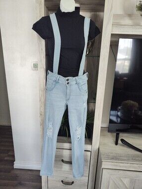 Light Blue Women's Distressed Suspender Jeans Colombian Jeans SZ 7